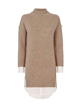 BROCHU WALKER CASHMERE WOOL SILK Tan Beige Taupe White Tunic Sweater Dress Small